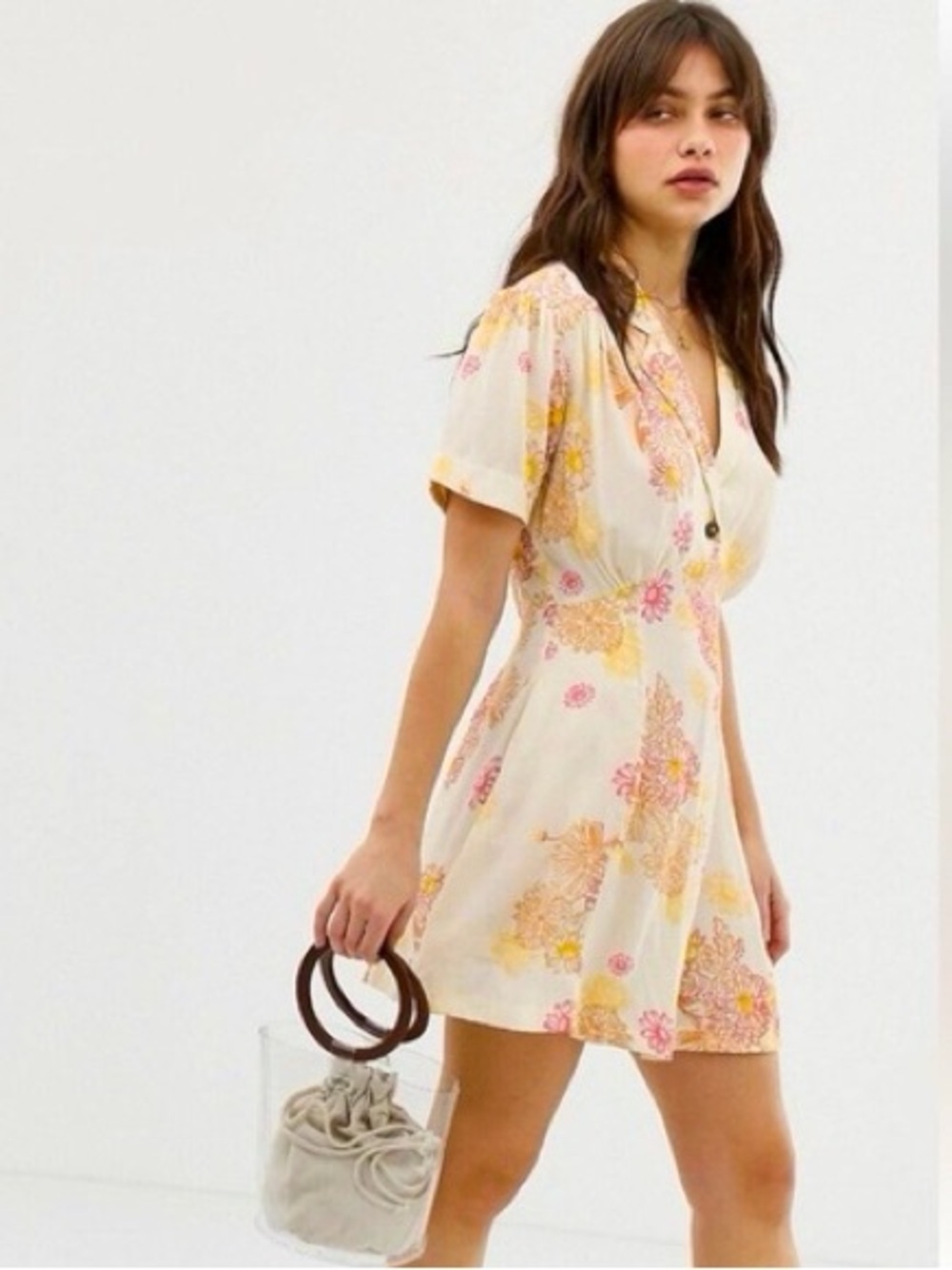 Free People Hawaii Mini Dress Floral Size Small Cream Comb